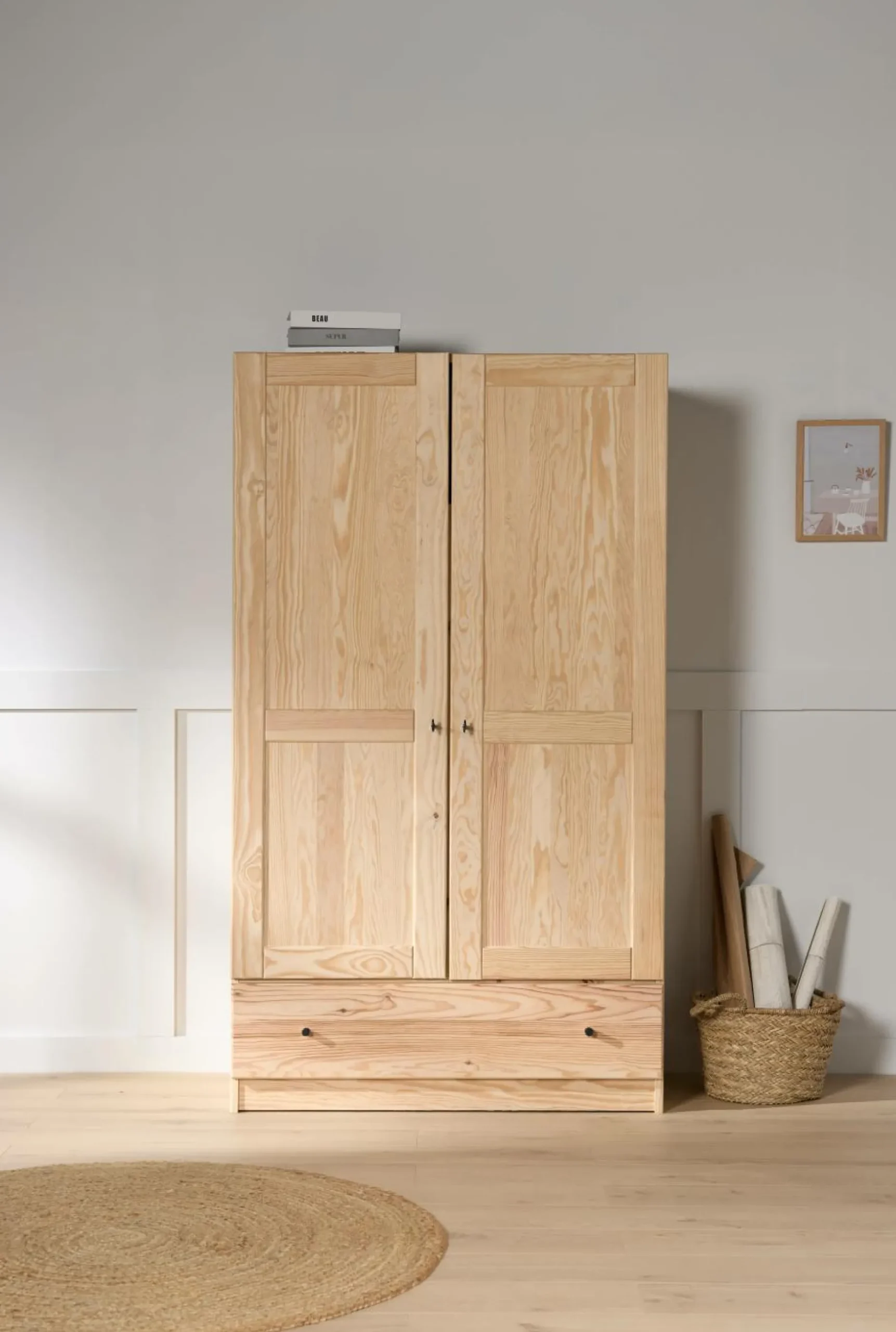 Armoires|Armoires Et Dressing>Camif Armoire bois massif 2 portes 1 tiroir Iris - - Poignées Noir Brut