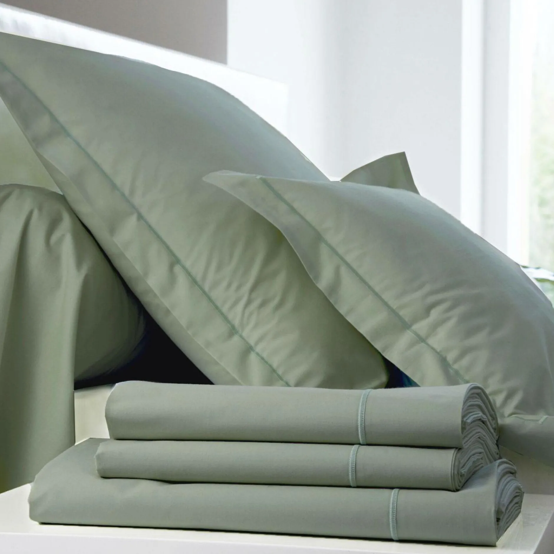 Taies D'Oreiller>Camif BLANC DES VOSGES Taie d'oreiller Percale Easy - - Taie d'oreiller 65 x 65 cm Sauge