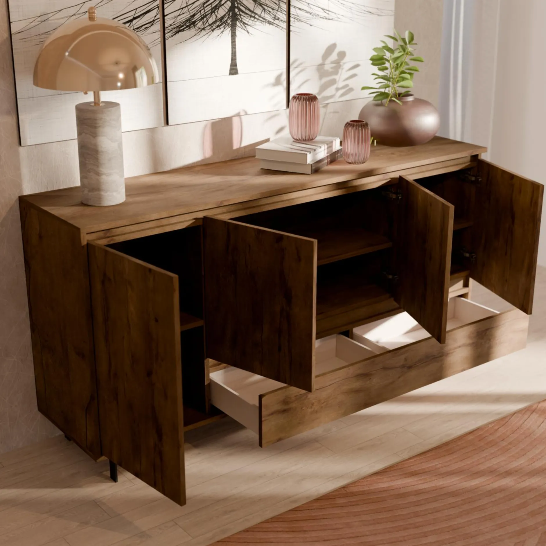 Buffets>Camif Buffet 4 portes 1 tiroir décor bois Gustavo - Noyer