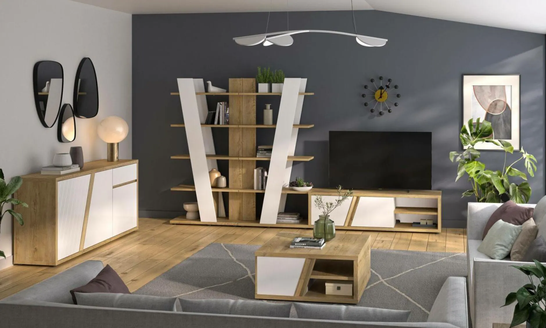 Buffets>Camif Buffet décor bois et blanc 3 portes 1 tiroir Gustave