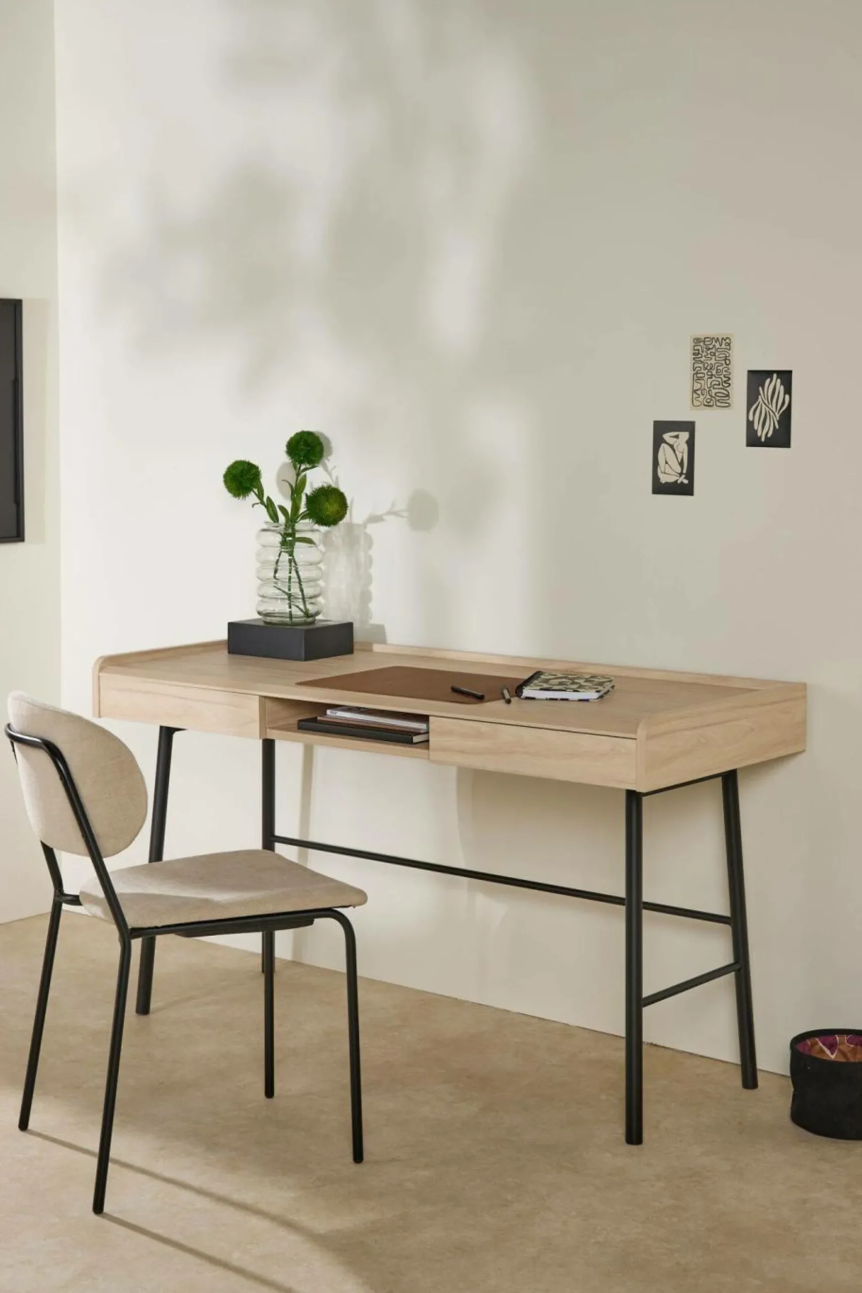 Bureaux>Camif Bureau décor bois pieds métal 2 tiroirs Mila
