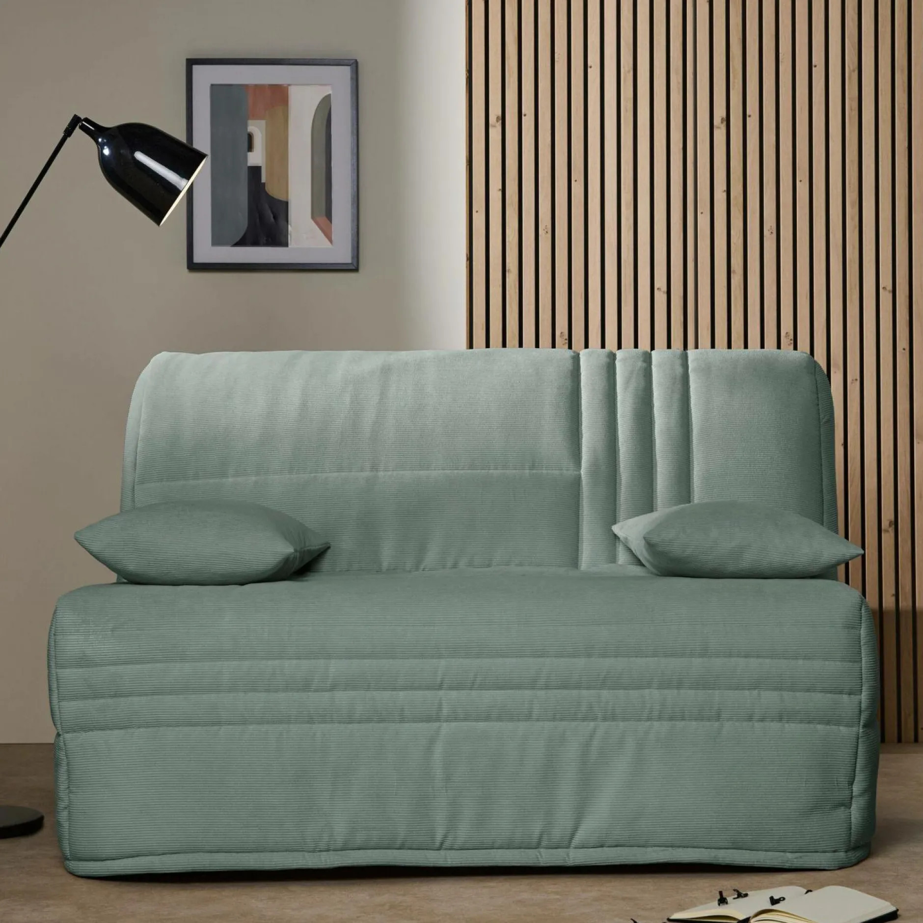 Bz>Camif Canapé BZ velours côtelé matelas 15 cm Gaélia - Menthe Glaciale