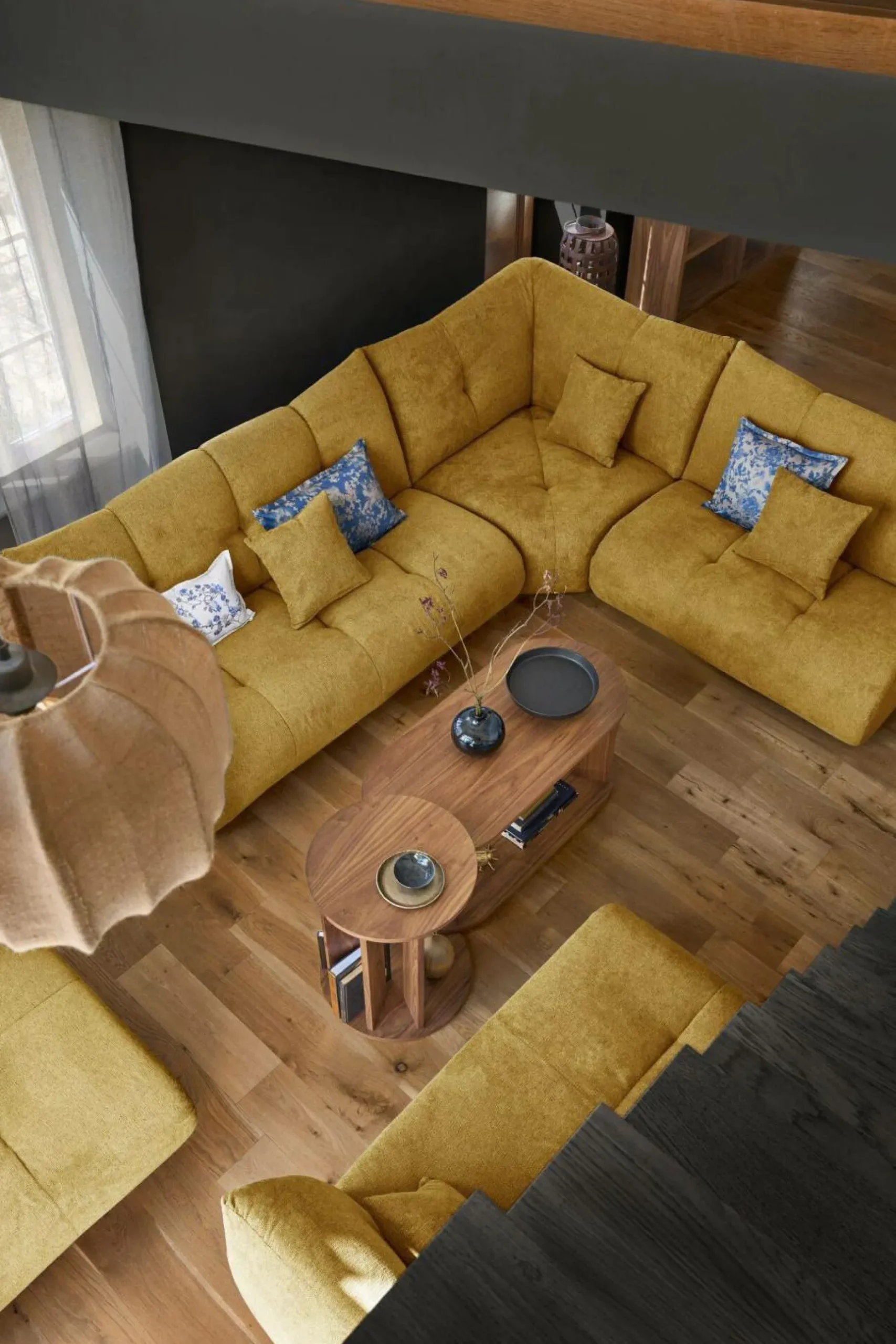 Canapés Modulables>Camif Canapé d'angle modulable tissu avec pouf Benny - Moutarde