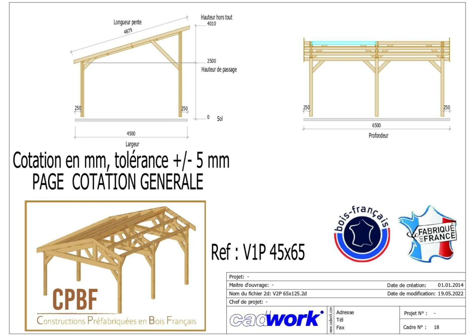 Carports Et Pergola>Camif CPBF-CHARPENTES Abri une Pente pour Voiture Provence en Bois - 450 x 650 cm