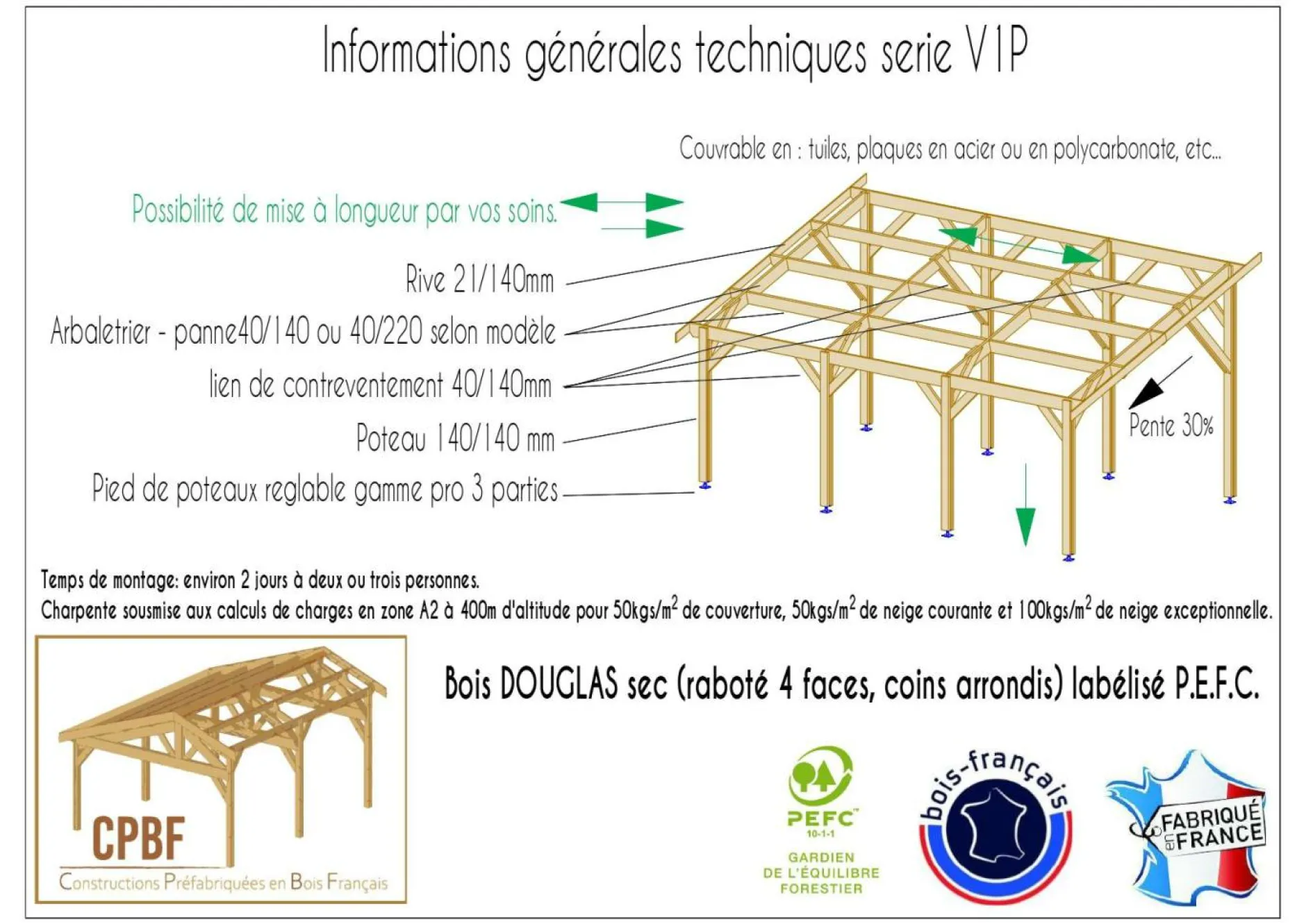 Carports Et Pergola>Camif CPBF-CHARPENTES Abri une Pente pour Voiture Provence en Bois - 450 x 650 cm