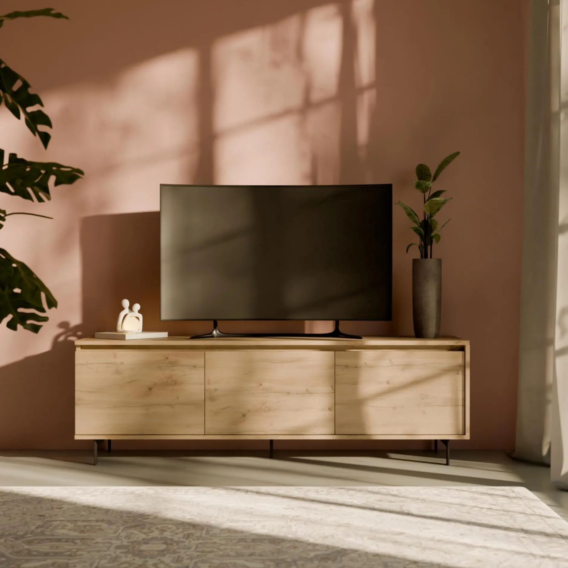 Meubles Tv>Camif Meuble TV 3 portes décor bois Gustavo - Chêne naturel