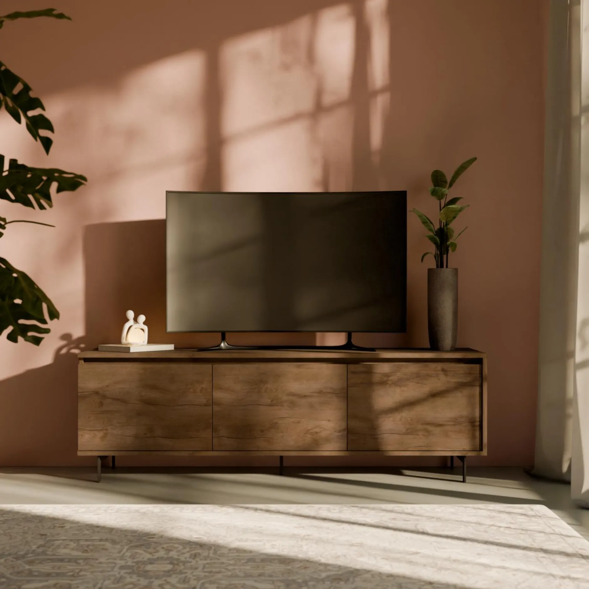 Meubles Tv>Camif Meuble TV 3 portes décor bois Gustavo - Noyer