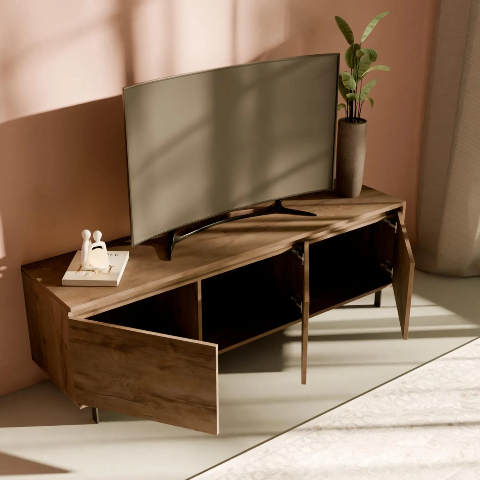 Meubles Tv>Camif Meuble TV 3 portes décor bois Gustavo - Noyer