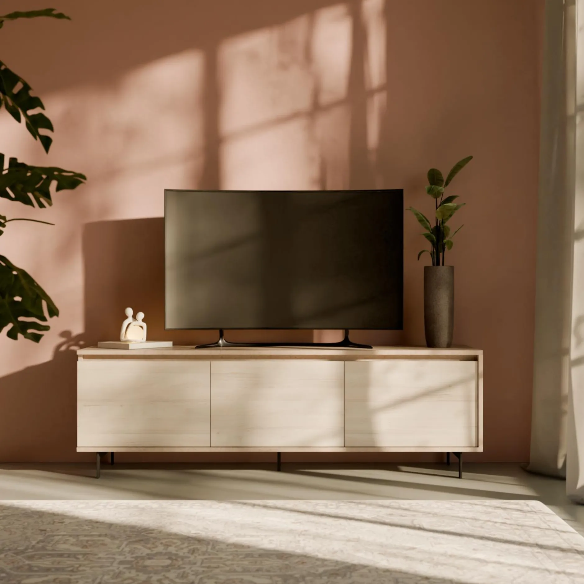 Meubles Tv>Camif Meuble TV 3 portes décor bois Gustavo - Gris minéral/Frêne