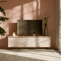 Meubles Tv>Camif Meuble TV 3 portes décor bois Gustavo - Chêne blanchi/Lin