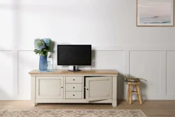 Meubles Tv>Camif Meuble TV bois massif 2 portes 3 tiroirs Embellie - Grège