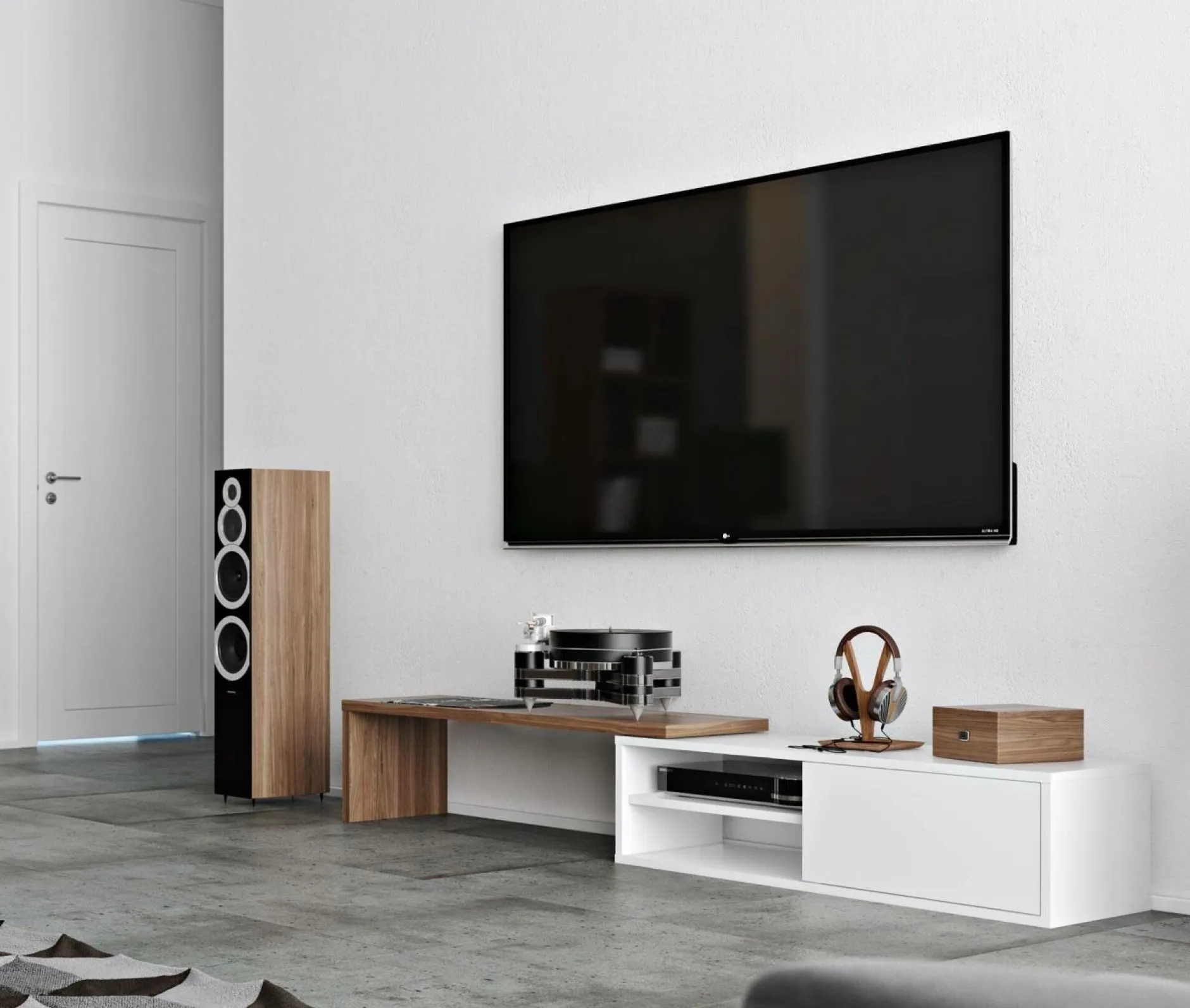 Meubles Tv>Camif Meuble TV Torre - - Placage bois véritable Blanc/Noyer
