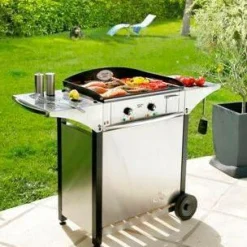 Ensembles Planchas Et Dessertes>Camif ROLLER GRILL Ensemble Plancha emaille 400x400 électrique + desserte inox et bois